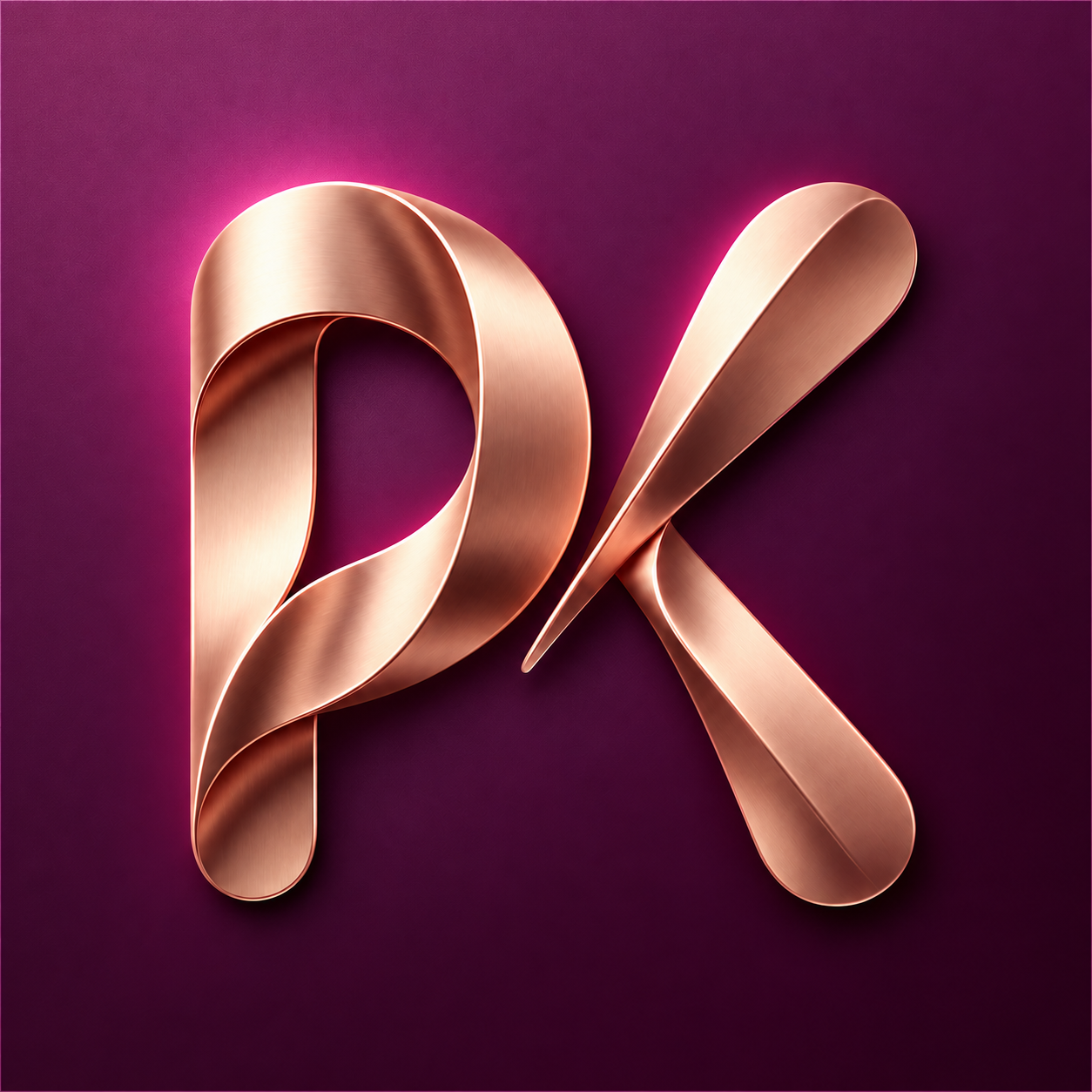 버건디 배경 위 로즈골드 리본으로 표현한 PairKind PK 로고